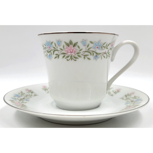 Eileen Cotillion Flat Cup & Saucer 3693 Japan Floral Pink Blue Platinum Trim - Picture 6 of 8